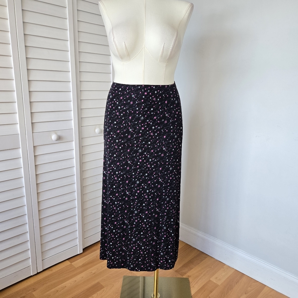 JM Collection Black Floral Stretch Maxi Skirt Size L Y2K 90s Boho Grunge Cottage - Picture 2 of 10